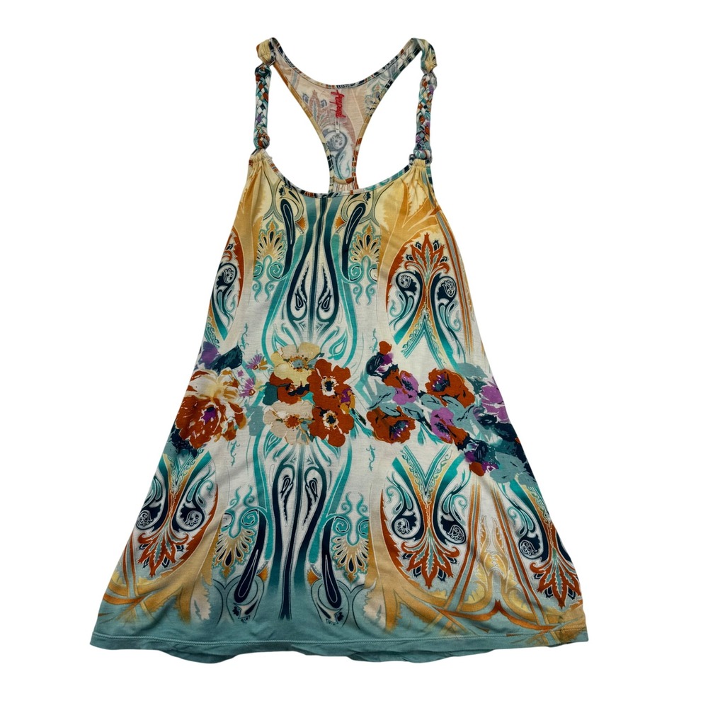 Free People Womens XS Halter Tank Top Boho Paisley Floral Braided Racerback Teal